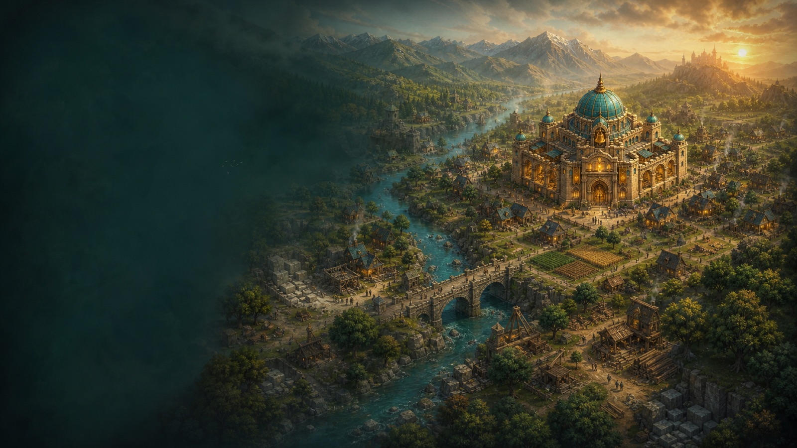 Aerial IUNUA cathedral settlement with village, river, and mountains